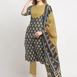 Rajnandini Women Grey Floral Printed Mirror Work Pure Cotton Kurta with Trousers & Dupatta-19