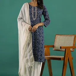 Sangria Bandhani Printed Embroidered Cotton Straight Kurta With Trousers & Dupatta Set-6
