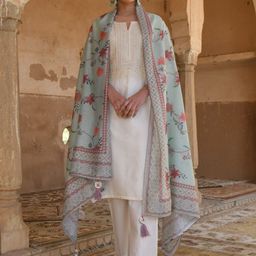 KARAJ JAIPUR Women White Floral Embroidered Kurta with Palazzos & With Dupatta-image-28