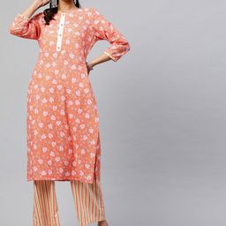 indo street Floral Printed Straight Pure Cotton Kurta with Trousers-picture-23