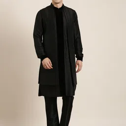 TheEthnic.Co Mandarin Collar Poly Silk Kurta & Pyjamas With Long Jacket-image-25