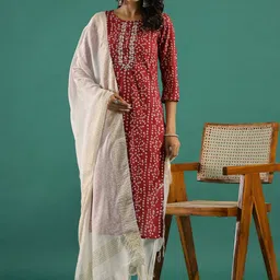 Sangria Bandhani Printed Pure Cotton Round Neck Straight Kurta With Trousers & Dupatta-8