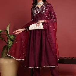 AHIKA Embroidered Empire Thread Work Kurta With Trousers & Dupatta-picture-19