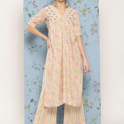 HRITIKA Floral Printed V-Neck Short Sleeves Kurta Set Kurta with Trousers-image-48