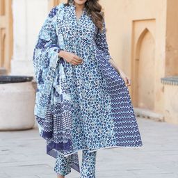 KALINI Ethnic Motifs Printed Thread Work Empire Pure Cotton Kurta with Trousers & Dupatta-15
