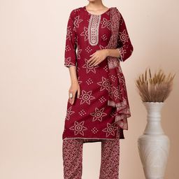 SARSO Bandhani Printed Regular Pure Cotton Kurta with Trousers & With Dupatta-image-12