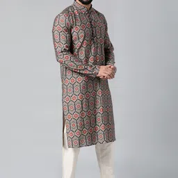 TheEthnic.Co Ethnic Motifs Printed Band Collar Kurta with Pyjamas-56
