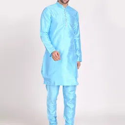 TAHVO Men Blue Striped Dupion Silk Kurta with Trousers-image-58