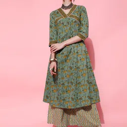 indo street V-Neck Floral Printed Gotta Patti A-Line Pure Cotton Kurta with Palazzos-picture-12