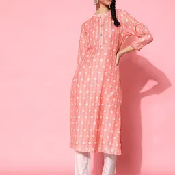 indo street Band Collar Floral Printed Pure Cotton Kurta with Trousers-image-87