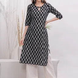 Vilgi Women Floral Printed Regular Pure Cotton Kurta with Trousers-picture-40