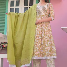 SINGNI Floral Embroidered Regular Pure Cotton Kurta with Trousers & Dupatta-picture-31
