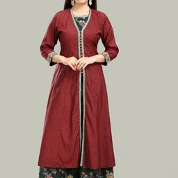COTTON CULTURE Floral Printed Round Neck A-line Kurta With Palazzo And Shrug-4