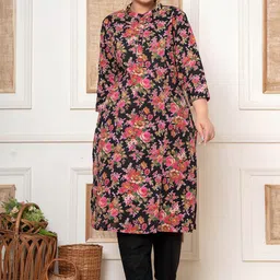 Yufta Plus Size Black Floral Printed Gotta Patti Pure Cotton Straight Kurta With Trousers-19