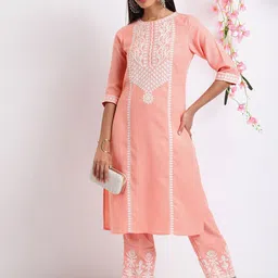Vishudh Coral Ethnic Motifs Embroidered Thread Work Regular Kurta with Palazzos-27