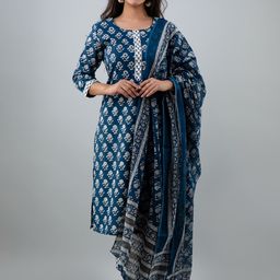 JAIPURI COLLECTION Women Blue Ethnic Motifs Printed Pure Cotton Kurti with Trousers-9