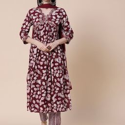 FASHOR Burgundy & White Floral Printed Mirror Work Kurta with Trousers & Dupatta-14