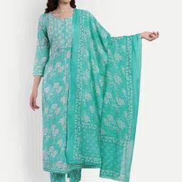 SINGNI Floral Printed Regular Thread Work A-Line Pure Cotton Kurta With Trousers & Dupatta-17