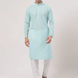 MOHANLAL SONS Embroidered Mandarin Collar Chikankari Pure Cotton Straight Kurta & Churidar-picture-38