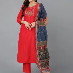 KALINI Women Ethnic Motifs Yoke Design Thread Work Kurta & Trousers With Dupatta-11