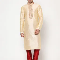 LAGAAV Men Beige Embroidered Raw Silk Kurta with Churidar-picture-35
