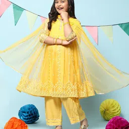 Biba Girls Floral Embroidered Thread Work Kurta with Palazzos & Dupatta-picture-10