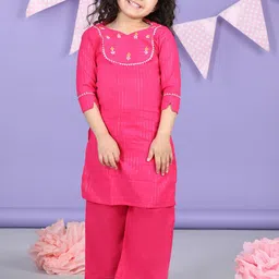 Sangria Girls Floral Embroidered Pure Cotton Straight Kurta With Palazzos-image-40