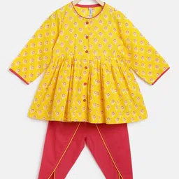 Campana Girls Yellow Floral Printed Pleated Pure Cotton Kurta with Dhoti Pants-image-87