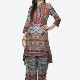 Biba Women Blue Ethnic Motifs Printed High Low Kurta with Trousers-picture-47