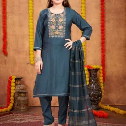 BAESD Girls Floral Yoke Design Regular Thread Work Pure Silk Kurta With Trousers & Dupatta-image-0