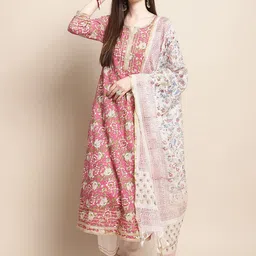 Sangria Pink Floral Printed Yoke Embroidered Pure Cotton Kurta With Trouser & Dupatta-picture-4