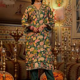 KALINI Floral Printed Regular Mirror Work Pure Silk Kurta with Trousers & With Dupatta-image-87