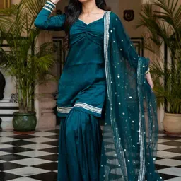 Lavanya The Label Women Teal Silk Blend Straight Kurta with Sharara & With Dupatta-picture-11