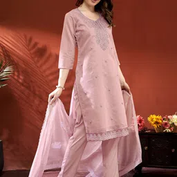 Anouk Pink Ethnic Motifs Embroidered Thread Work Straight Kurta With Trousers &Dupatta-18