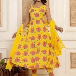 Yufta Women Floral Embroidered Regular Pure Cotton Kurta with Trousers & With Dupatta-image-41