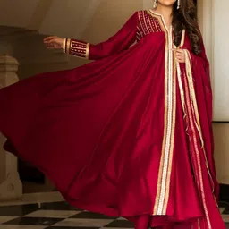 Lavanya The Label Women Maroon Embroidered Empire Kurta with Trousers & With Dupatta-image-18