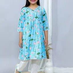 Ka-mee Girls Floral Printed Angrakha Pure Cotton Kurta With Trousers-image-72