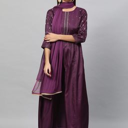 indo street Thread Work Beads & Stone A-Line Pleated Kurta with Trousers & Dupatta-image-55