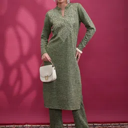 Vishudh Olive Green Floral Embroidered Straight Kurta with Trousers-picture-29