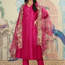 Ishin Printed V-Neck Three-Quarter Sleeves Kurta with Trousers & With Dupatta-picture-1