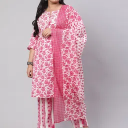 Jaipur Kurti Plus Size Pink & White Floral Printed Kurta with Trousers & With Dupatta-27