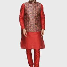 Kaifoo Men Maroon Solid Kurta with Churidar & With Printed Nehru Jacket-picture-32