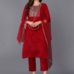 AHIKA Maroon Ethnic Motifs Yoke Design Regular Kurta With Trousers & Dupatta-18
