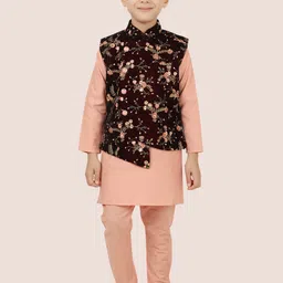 Ethniks Neu-Ron Boys Band Collar Long Sleeves Thread Work Velvet Kurta with Pyjamas-29
