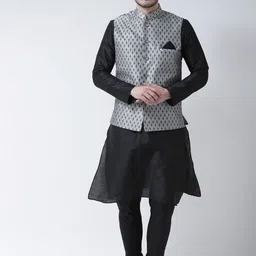 DEYANN Mandarin Collar Dupion Silk Kurta Pyjamas With Nehru Jacket With Pockets-image-40