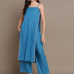MALHAAR Striped Mirror Work Shoulder Straps High Slit Straight Kurta with Palazzos-picture-43
