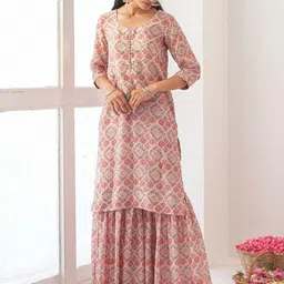 ODETTE Floral Printed Round Neck Straight Kurta with Sharara & Dupatta-picture-30