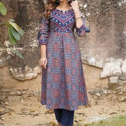 KALINI Ethnic Motifs Printed Mirror Work Pure Cotton Kurta with Trousers-image-91