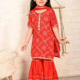 Kinder Kids Girls Bandhani Printed Pure Cotton Straight Kurta With Sharara & Dupatta-image-62
