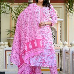 D K W Floral Printed Regular Pure Cotton Kurta with Trousers & With Dupatta-image-48
